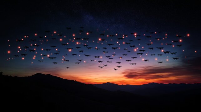 Night Sky with Swarm of Drones Forming Light Show