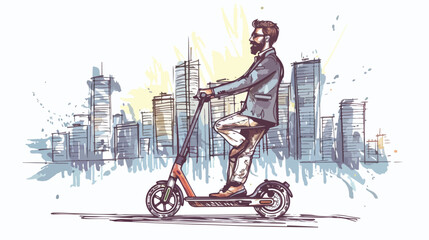 Young Cheerful Businessman Riding Scooter Against City Background
