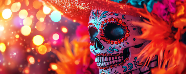 Colorful sugar skull adorned with flowers, celebrating vibrant traditions and culture during Day of the Dead festivities.