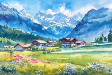 Picturesque Alpine Countryside. Watercolor Illustration of Scenic Swiss Mountain Village