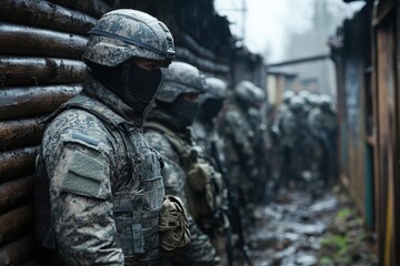 Obraz premium A soldier in advanced combat gear stands guard in a defensive stance while his comrades, also in combat gear, line up behind him, preparing for an impending operation.