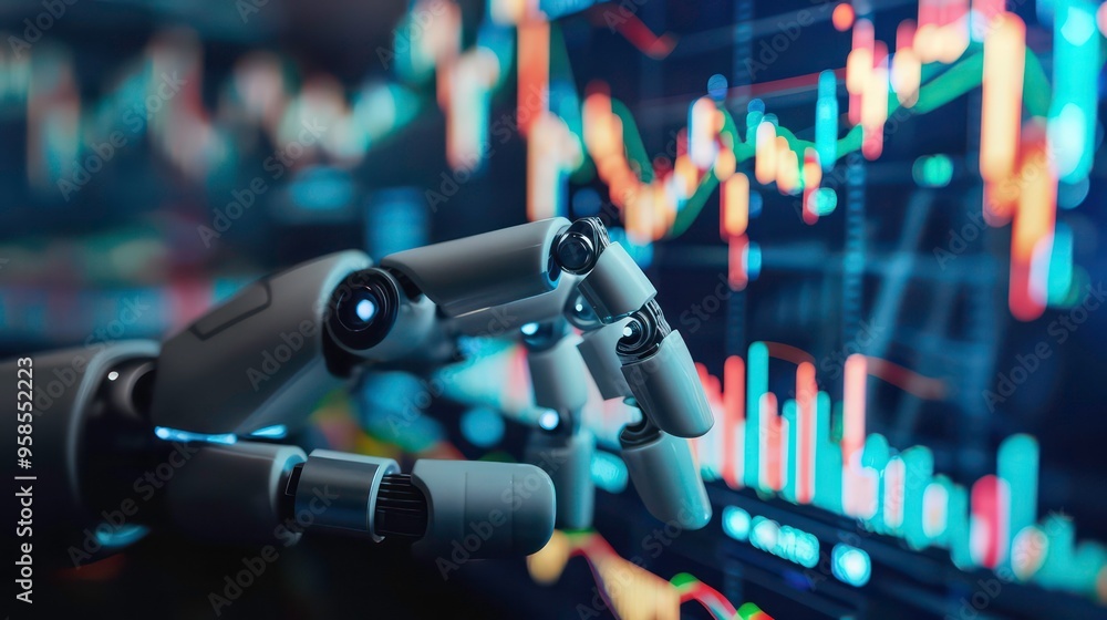 Poster a robotic hand reaching out towards a screen displaying a stock market graph, representing the autom