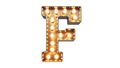 Vintage Steampunk Letter 'F' with Illuminated Incandescent Bulbs in Old American Road Sign Style on Transparent Background