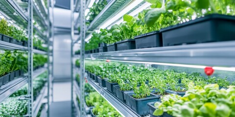 Modern Indoor Vertical Farming Facility with Stacked Hydroponic Systems Growing Various Crops
