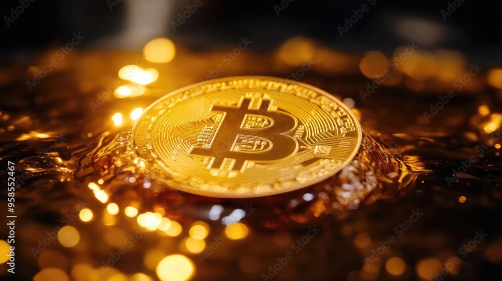 Poster a close-up of a shiny bitcoin resting on a reflective surface, symbolizing digital currency and mode