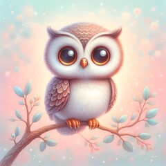 Cute Little Owl with Big Eyes Sitting on a Branch