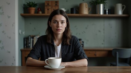 Young Woman with Coffee in Cafe: Portrait of Millennial Enjoying a Cup