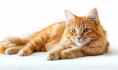 Obraz premium Relaxed Ginger Tabby Cat Lounging Peacefully on White Surface, Adorable Feline With Amber Eyes in Serene Pose