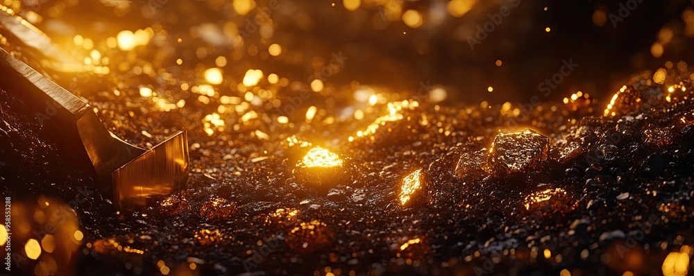Poster stunning close-up of shimmering gold particles reflecting light on a dark surface, creating an encha