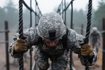 A soldier dressed in camouflage uniform with gloves is navigating through an obstacle course, showing determination and physical endurance in a foggy outdoor training area.