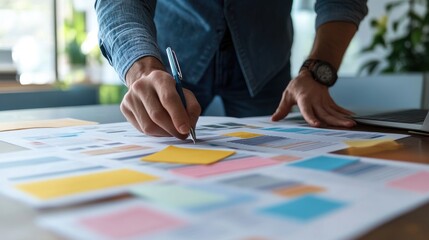 Fototapeta premium Entrepreneur reviewing a business plan with a focus on company milestones and goals Business plan presentation