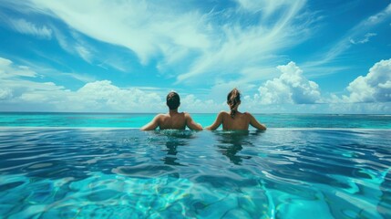 Perfect island view Woman relaxing in pool while gazing towards ocean