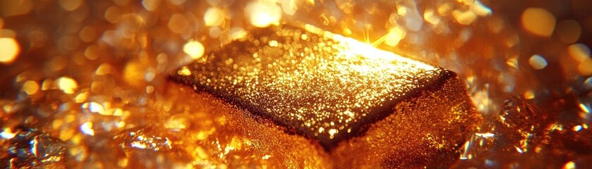 A stunning close-up of a gleaming gold bar surrounded by shimmering particles, representing wealth and luxury.