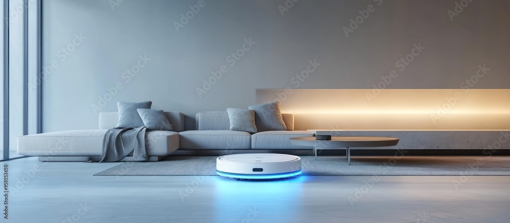 Wall mural Robot Vacuum Cleaner in a Modern Living Room with a Gray Sofa