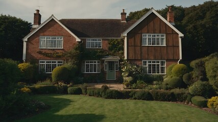 Obraz premium Picturesque english dining room featuring a classic wooden table and elegant curtains