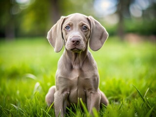 This Weimaraner puppy is snuggled up on the lush green grass, gazing directly at the camera with endearing