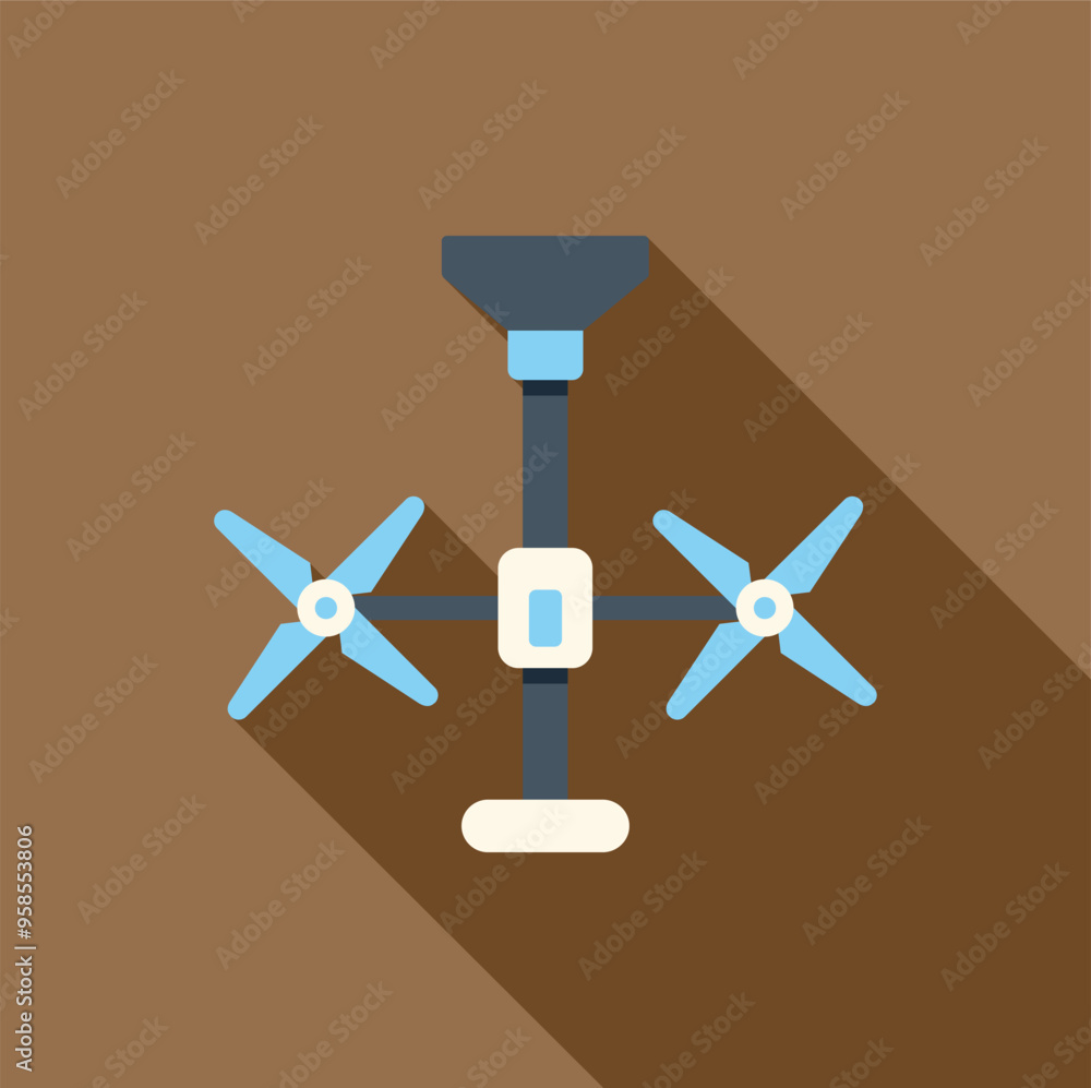 Poster modern drone with camera recording aerial view, flat design icon with long shadow on brown backgroun