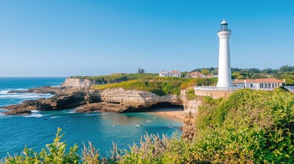 Surfers ride the waves at Biarritz beach while a lighthouse overlooks the coastline against a clear blue sky. The scene captures daytime activity and natural beauty