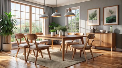 This wooden dining table with chairs brings a touch of rustic charm to your home, creating a comfortable