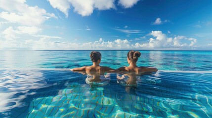 Perfect island view Woman relaxing in pool while gazing towards ocean