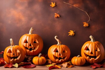 Fototapeta premium Vibrant Halloween Jack O Lanterns with Autumn Leaves on Orange Background, Spooky Festive Theme for Seasonal Decorations