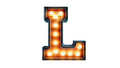 Vintage Steampunk Letter 'L' with Illuminated Incandescent Bulbs in Old American Road Sign Style on Transparent Background