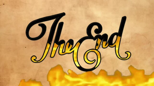 end screen with fire burning effect overlay