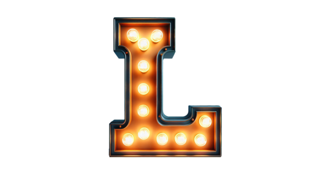 Vintage Steampunk Letter 'L' with Illuminated Incandescent Bulbs in Old American Road Sign Style on Transparent Background