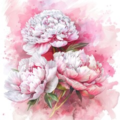 Romantic Pink Peony Flowers Watercolor Illustration with Aroma Essential Oil Bottle on White Background