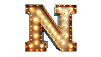 Vintage Steampunk Letter 'N' with Illuminated Incandescent Bulbs in Old American Road Sign Style on Transparent Background