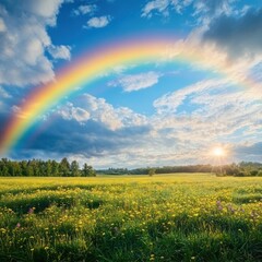 Naklejka premium Rainbow over field and meadow, beautiful rural spring scenery