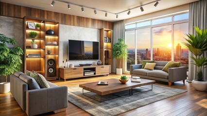 Upgrade your living room renovation with a sleek modern entertainment system, featuring a state-of-the-art TV,