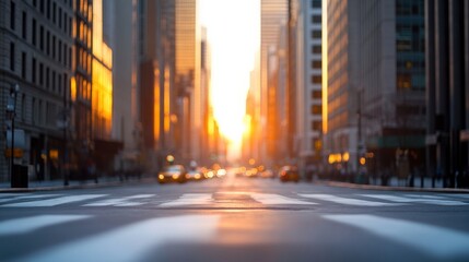 Fototapeta premium A city street bathed in warm, golden sunlight during sunrise. The empty road and towering buildings create a peaceful urban morning scene.