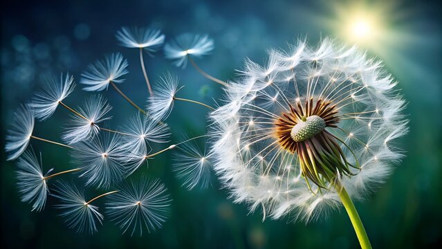 fluffy dandelion head dispending seeds close up