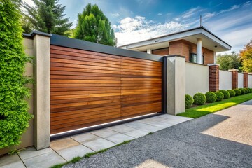 A modern horizontal sliding gate with sleek metal frame and wooden panels glides smoothly along a...