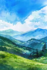 Fototapeta premium Serene Mountain Landscape: Hand-Painted Watercolor View with Blue Sky and Copy Space