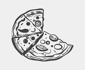 A detailed black and white drawing depicting a pizza, showcasing several slices that have been taken out and removed from it