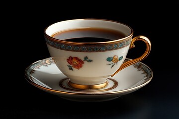 A porcelain teacup with a gold trim and floral design filled with black tea sits on a matching saucer against a black background.