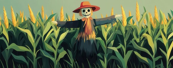 Fototapeta premium Eerie scarecrow in a shadowy cornfield, flat design, front view, phantom theme, cartoon drawing, vivid colors
