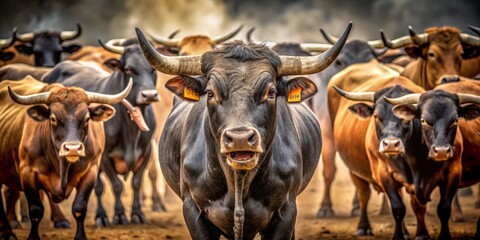 A Muscular Tyrant Of A Bull Stands At The Center Of A Group Of Other Cattle, Eyes Glaring