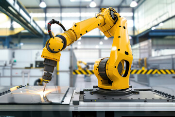 A yellow industrial robot arm is working in a factory, welding a metal piece.