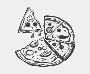 A detailed black and white drawing depicting a pizza, showcasing several slices that have been taken out and removed from it
