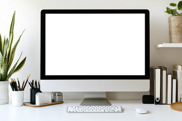 Fototapeta premium A modern workspace with a blank screen, greenery, and organized office supplies by the desk