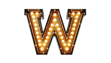 Vintage Steampunk Letter 'W' with Illuminated Incandescent Bulbs in Old American Road Sign Style on Transparent Background