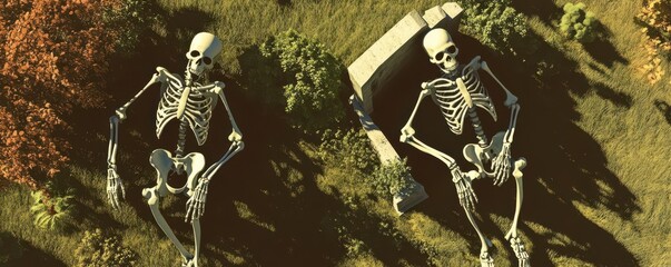 Ghostly skeletons lurking in a shadowy graveyard, flat design, top view, haunted field theme, 3D render, Complementary Color Scheme