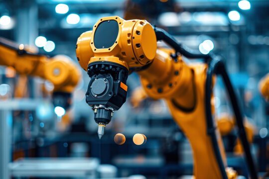 A close-up image of an industrial robotic arm in a factory setting. The robot arm is in a yellow color and has a black end effector.