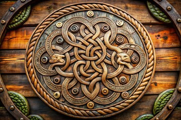Ancient Nordic warrior's iconic circular emblem featuring intertwined serpents and mythological creatures, adorned with