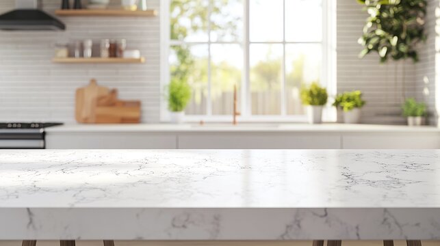 A bright kitchen with a large marble bench as the focus in the foreground and the background slightly blurred, light color palette, modern looking. Generative AI.