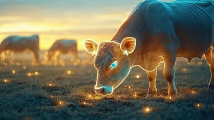 Fototapeta premium Futuristic cattle in a sustainable farm eating from troughs filled with bioengineered crops that glow softly