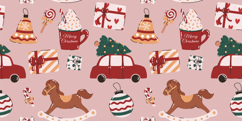 Naklejka premium Seamless pattern with Christmas elements. Christmas tree, bell, Christmas decorations, gifts, sweets. Flat vector illustration.
